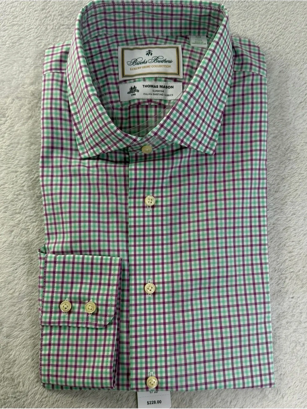 Brooks Brothers Thomas Mason Purple Green Check Dress Shirt NWT 17/33 Slim Fit